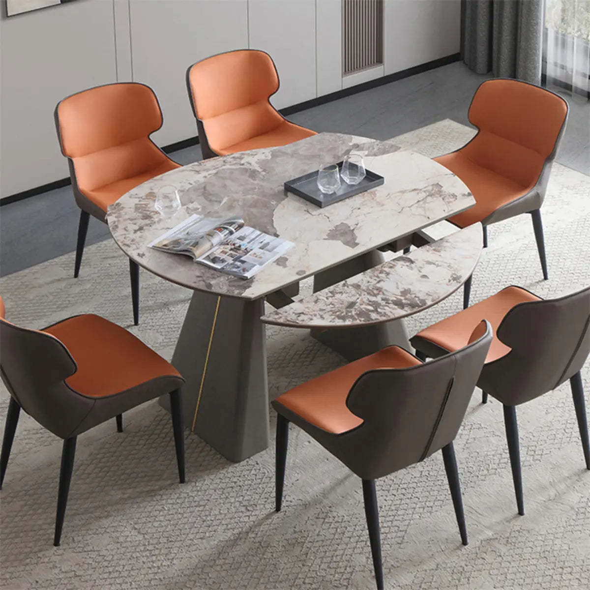 Contemporary Gray Marble Extendable Dining Table