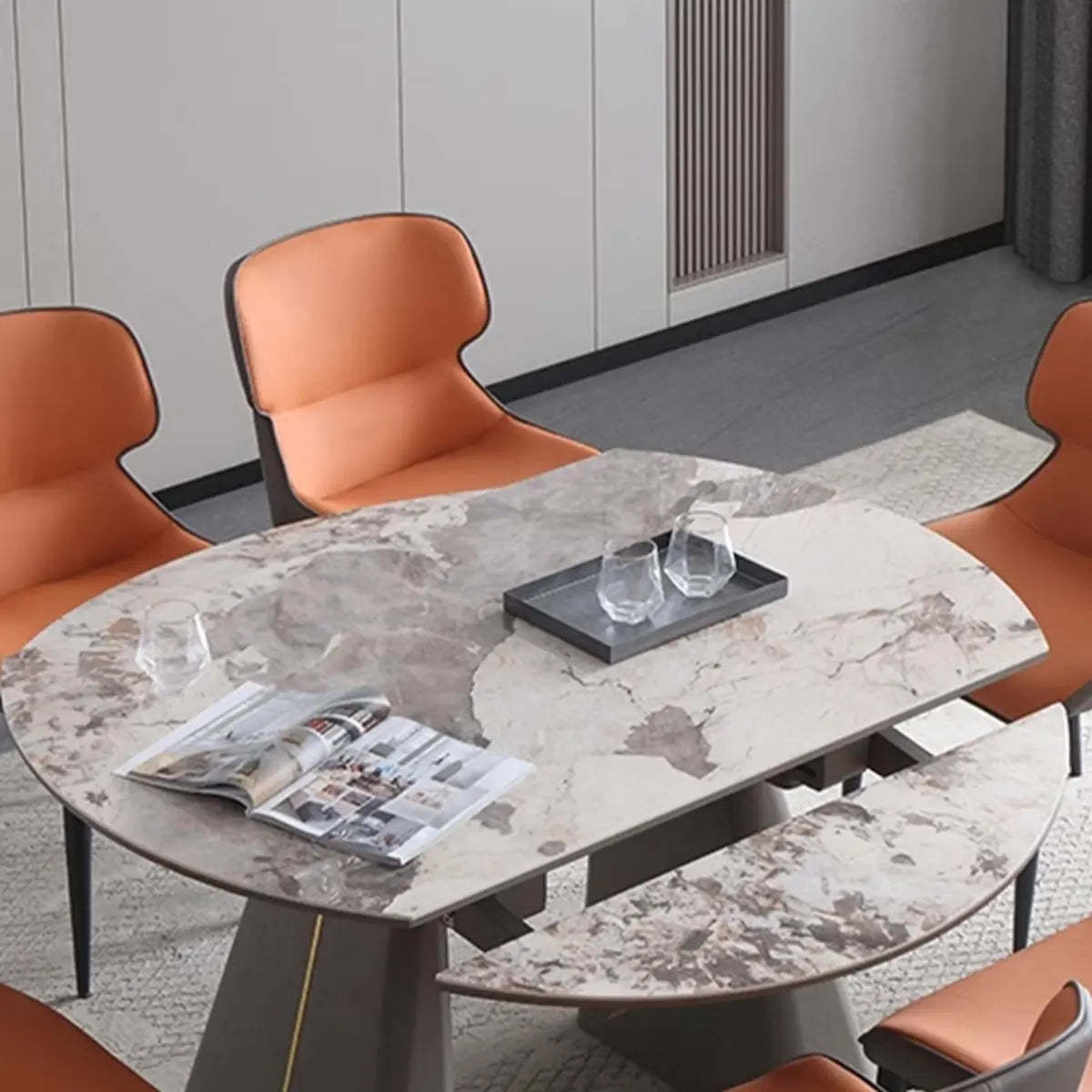 Contemporary Gray Marble Extendable Dining Table