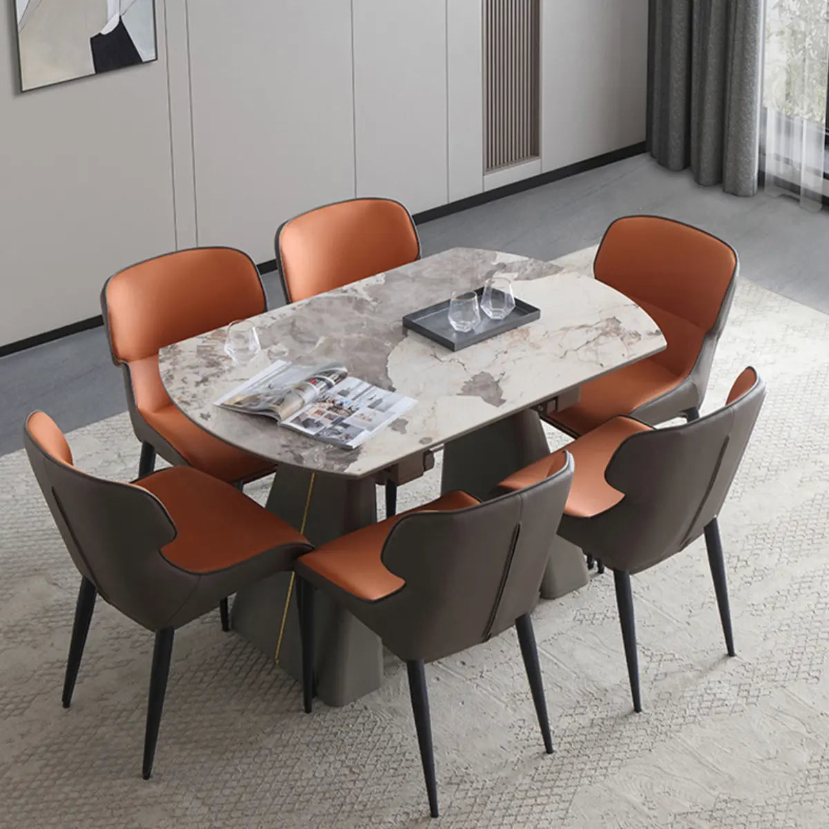 Contemporary Gray Marble Extendable Dining Table