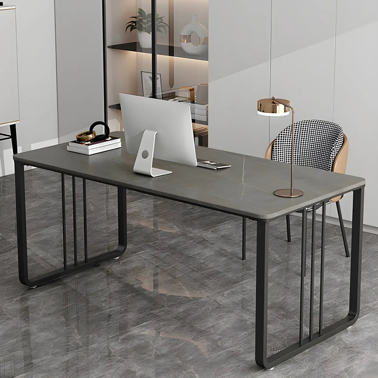 Contemporary Gray Stone Sled Writing Desk — Gray / Table Only