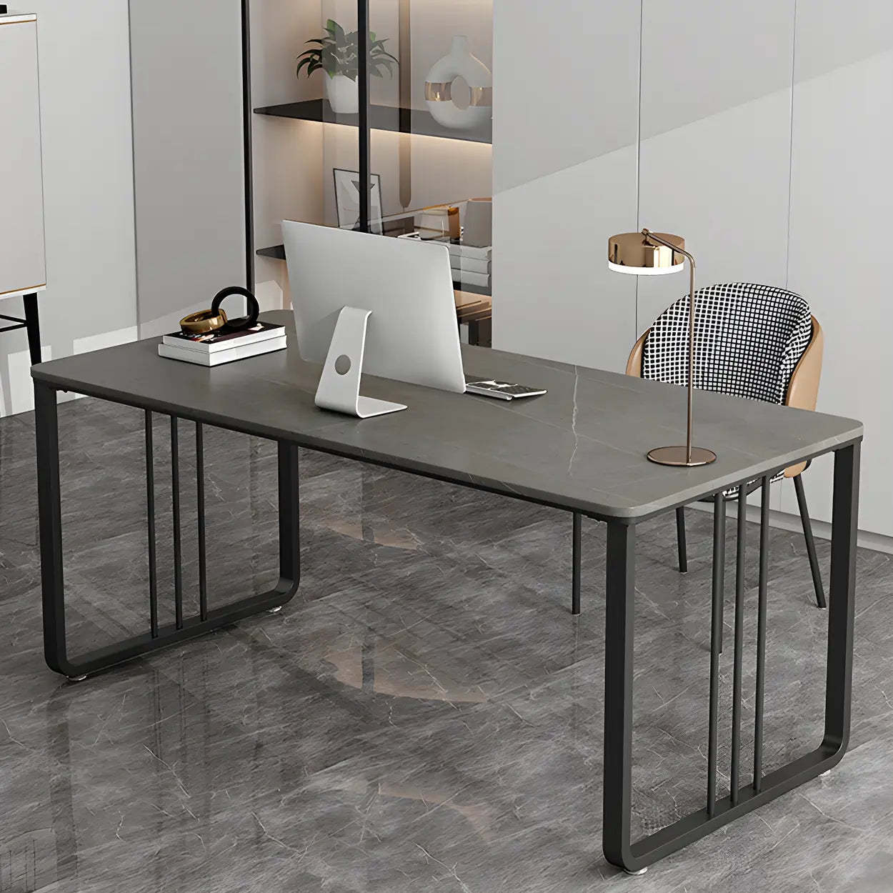 Contemporary Gray Stone Sled Writing Desk — Gray / Table Only