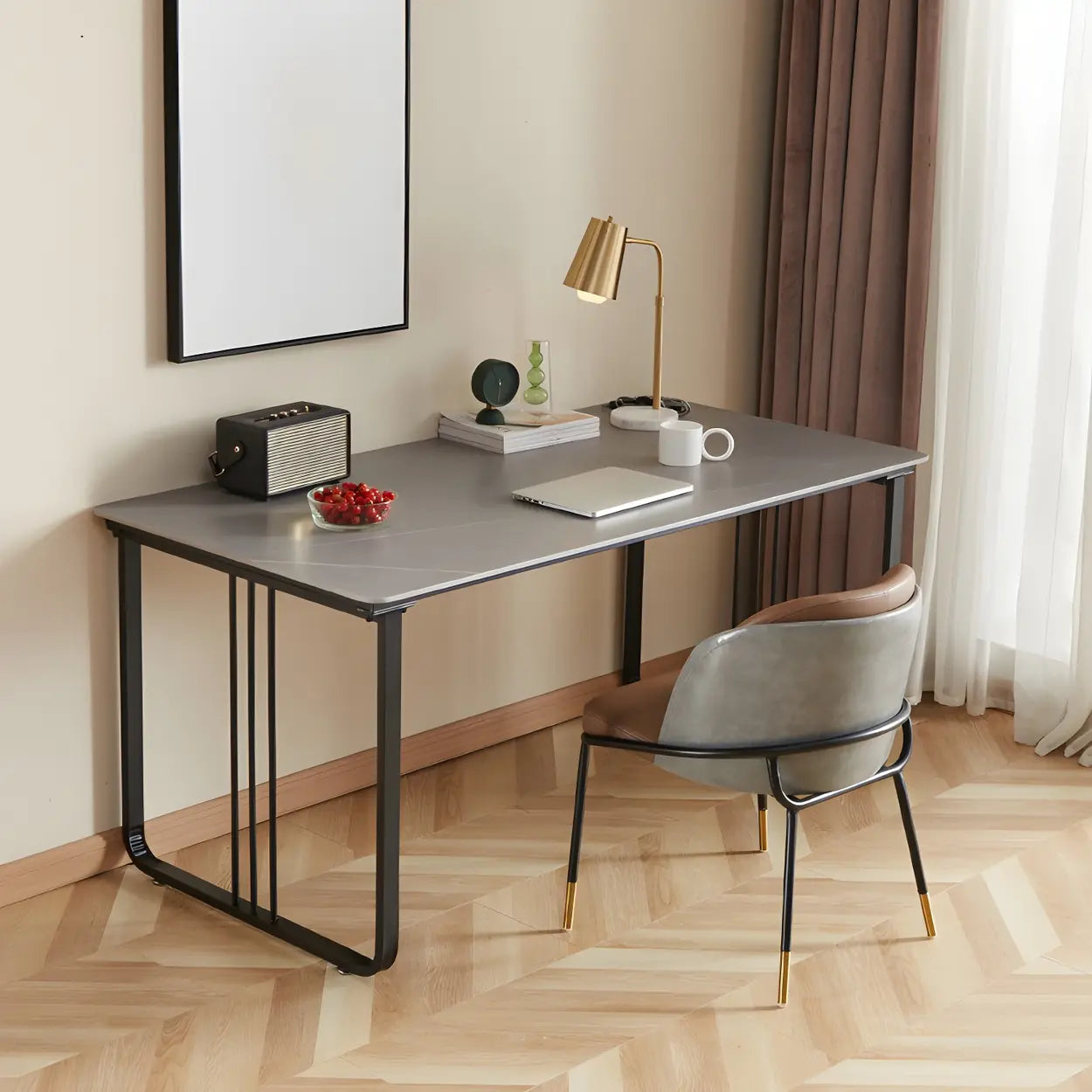 Contemporary Gray Stone Sled Writing Desk — White / Table Only