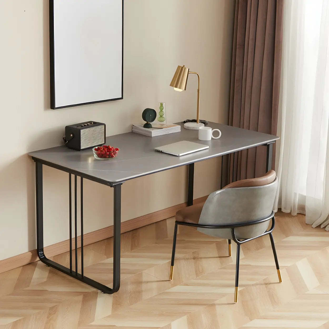 Contemporary Gray Stone Sled Writing Desk — White / Table Only