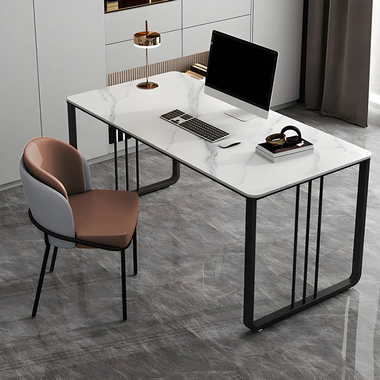 Contemporary Gray Stone Sled Writing Desk — Gray / Table Only