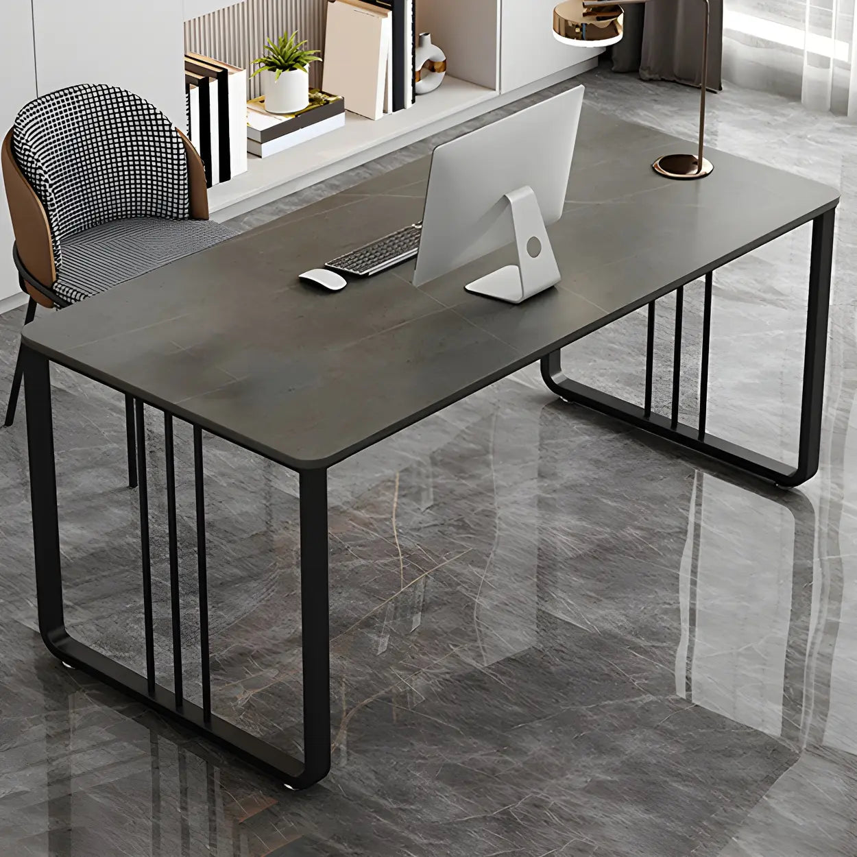Contemporary Gray Stone Sled Writing Desk — White / Table Only