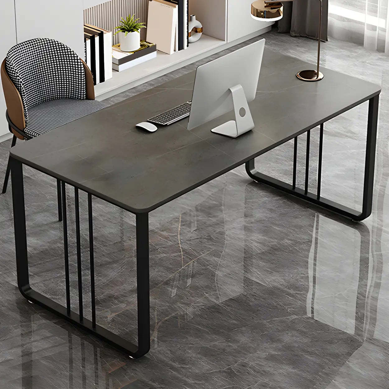 Contemporary Gray Stone Sled Writing Desk — White / Table Only