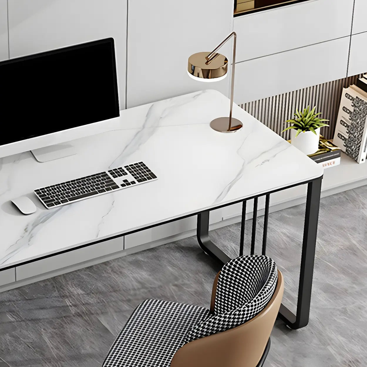 Contemporary Gray Stone Sled Writing Desk — White / Table Only