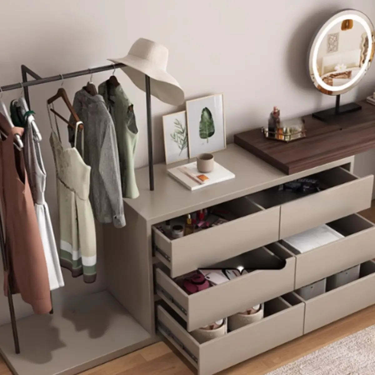 Contemporary Brown Wood Makeup Vanity — Nut-Brown / Makeup Vanity & Mirror
