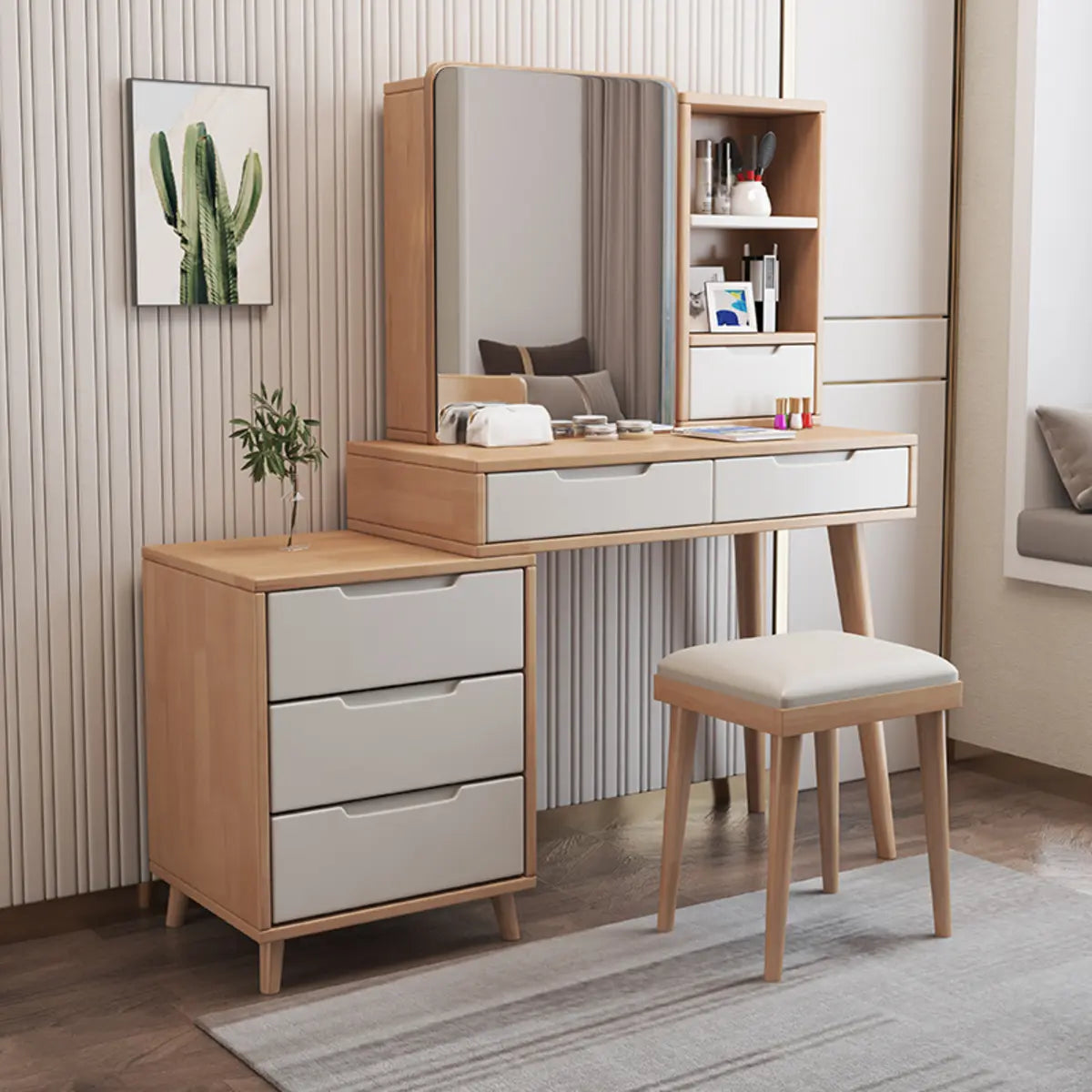 Contemporary Natural Wood Makeup Vanity — Grey