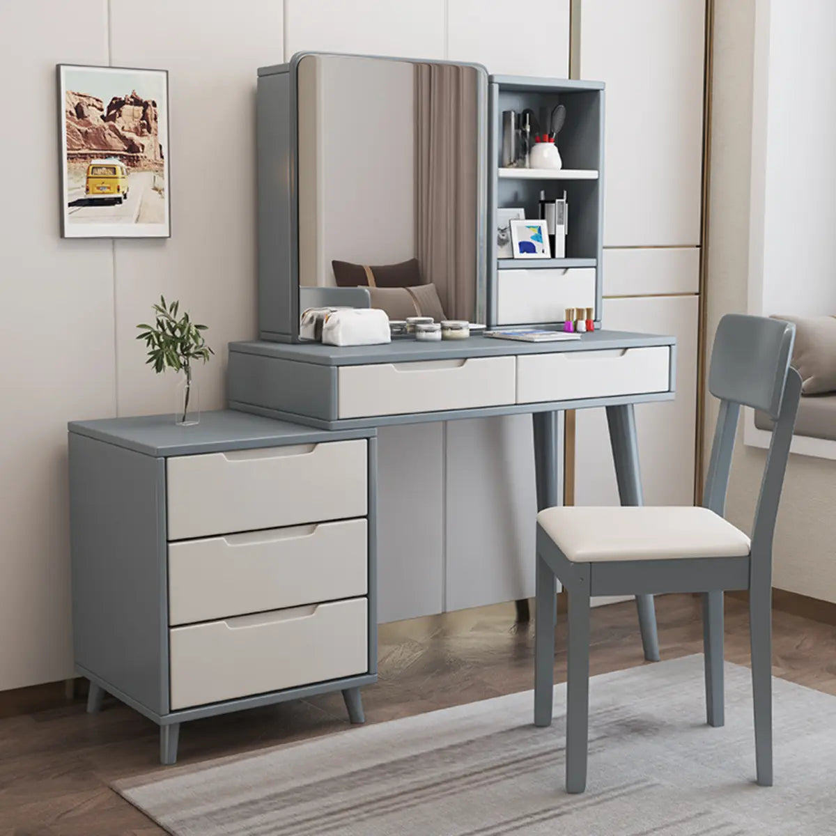 Contemporary Natural Wood Makeup Vanity
