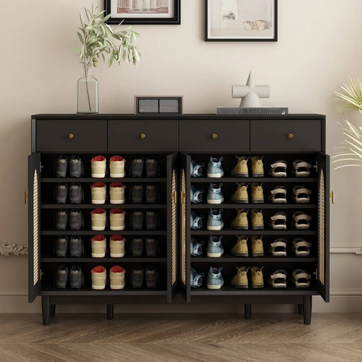 Contemporary Black Wood Hallway Shoe Cabinet