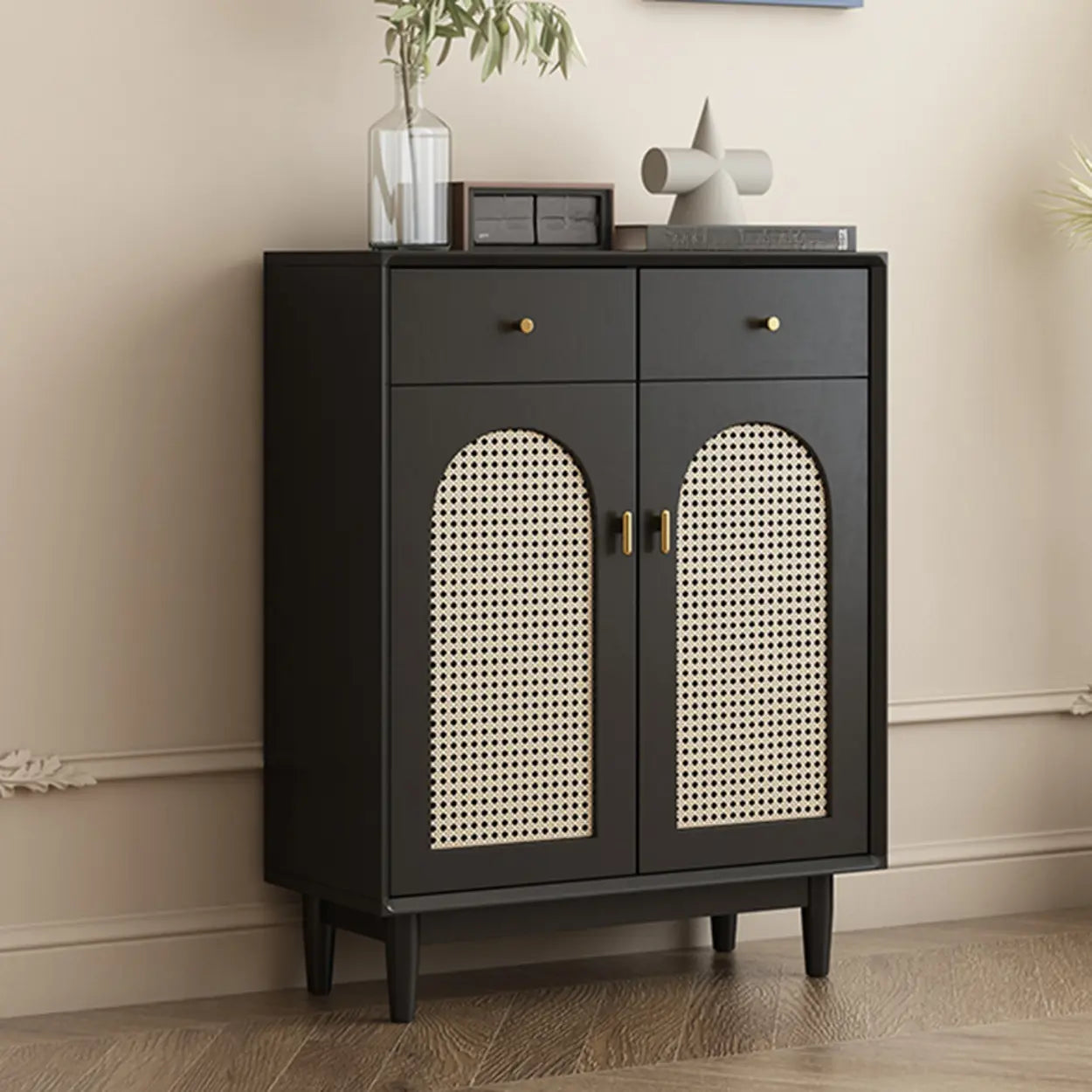 Contemporary Black Wood Hallway Shoe Cabinet — Right Angle