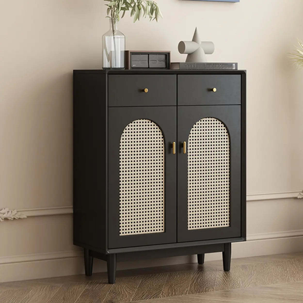 Contemporary Black Wood Hallway Shoe Cabinet — Right Angle