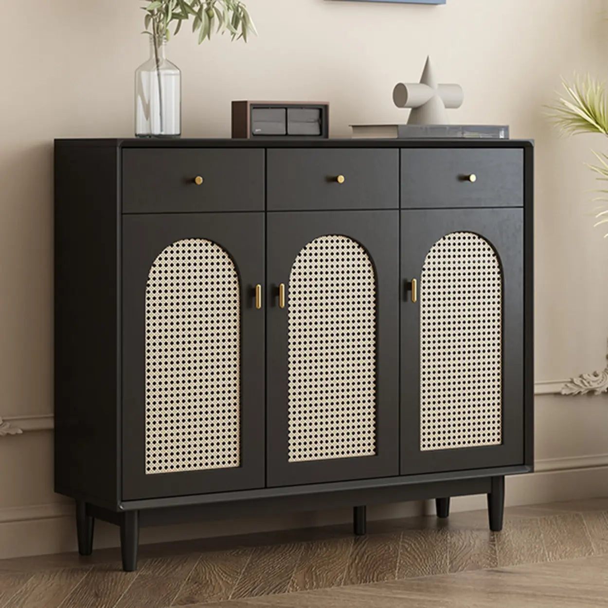 Contemporary Black Wood Hallway Shoe Cabinet — Right Angle