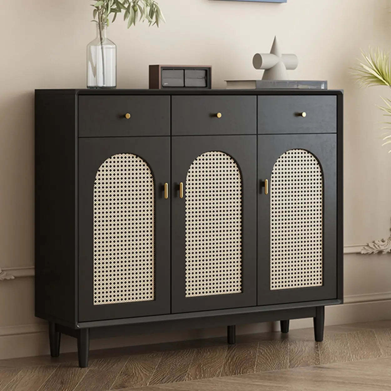 Contemporary Black Wood Hallway Shoe Cabinet — Right Angle