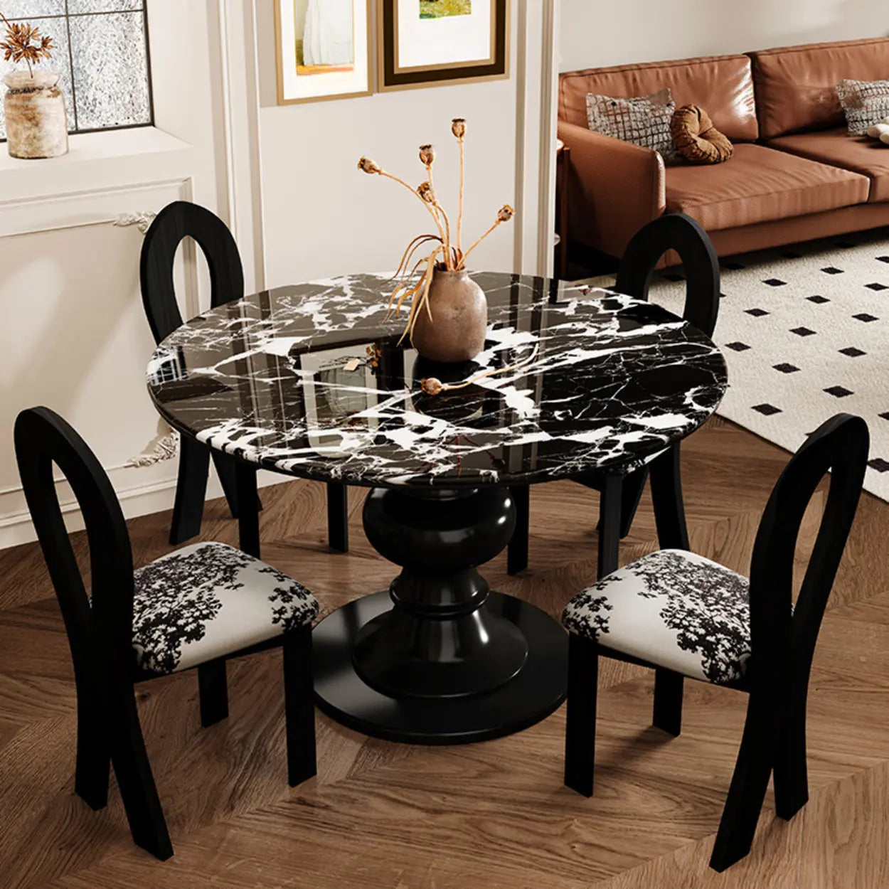 Contemporary Round Black White Stone Dining Table