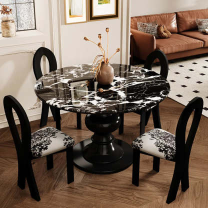 Contemporary Round Black White Stone Dining Table — Table Only