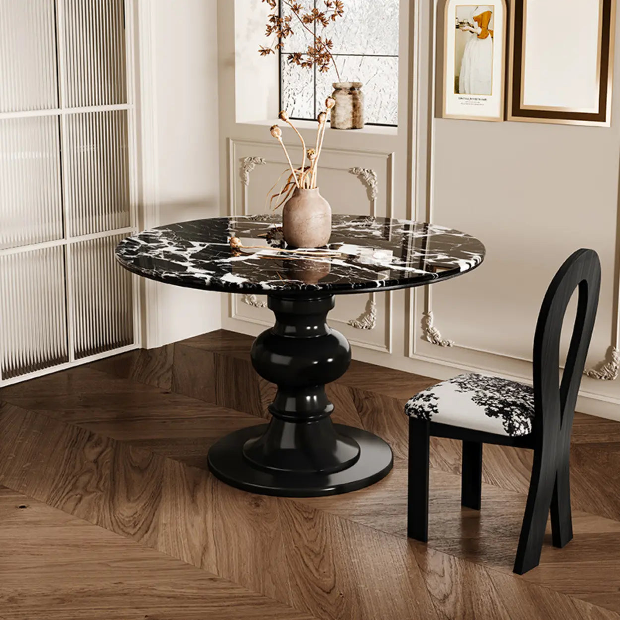 Contemporary Round Black White Stone Dining Table — Table Only