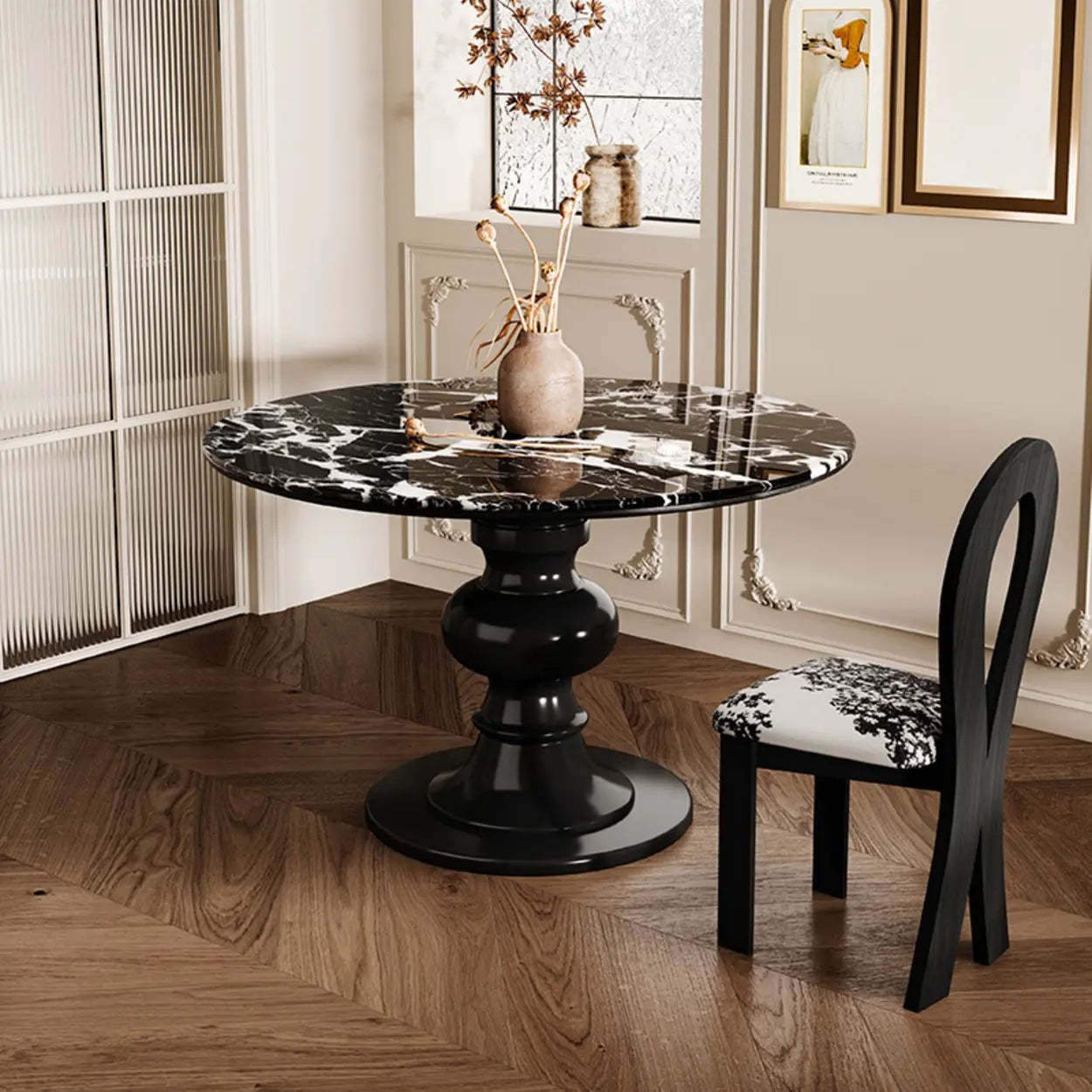 Contemporary Round Black White Stone Dining Table — Table Only
