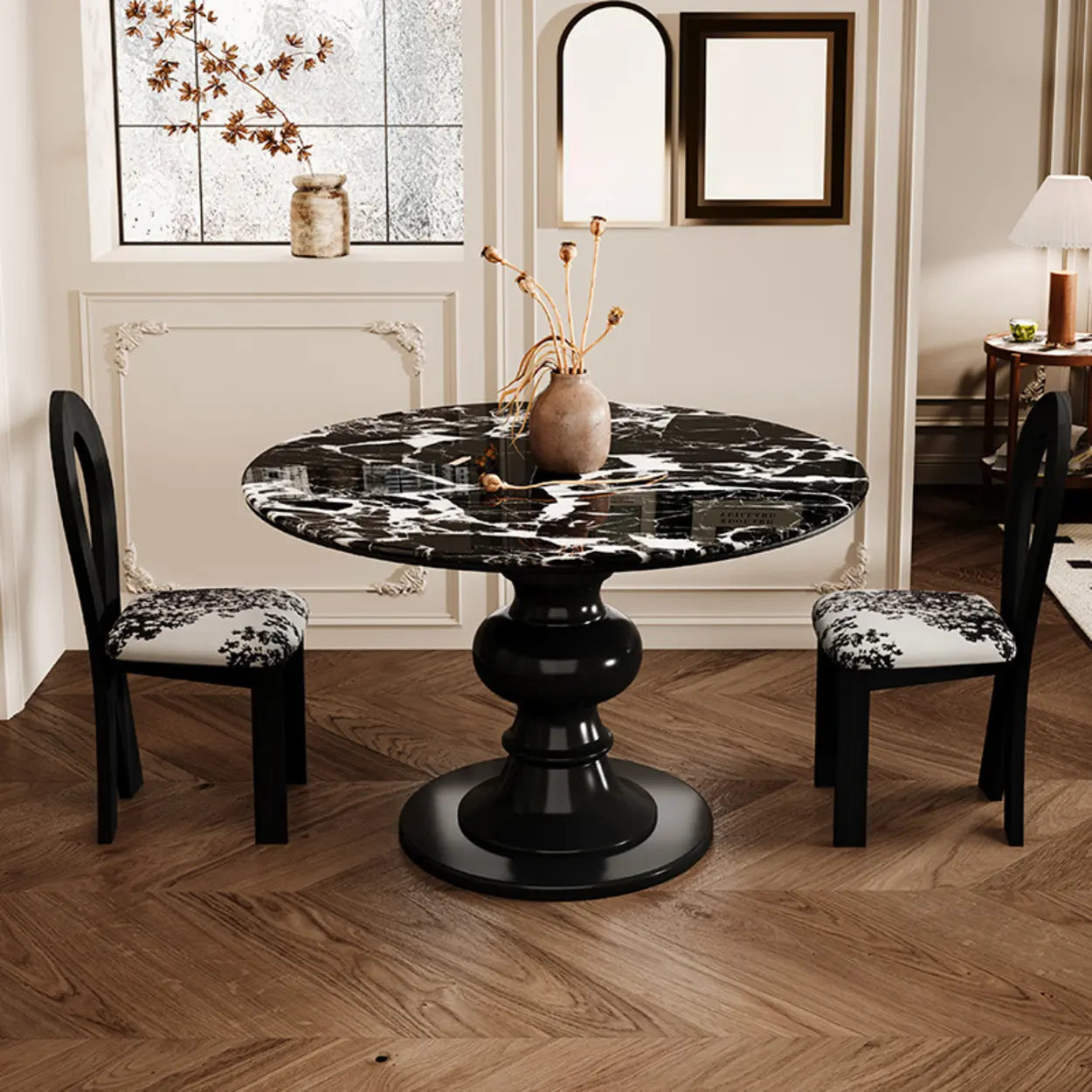 Contemporary Round Black White Stone Dining Table — Table Only