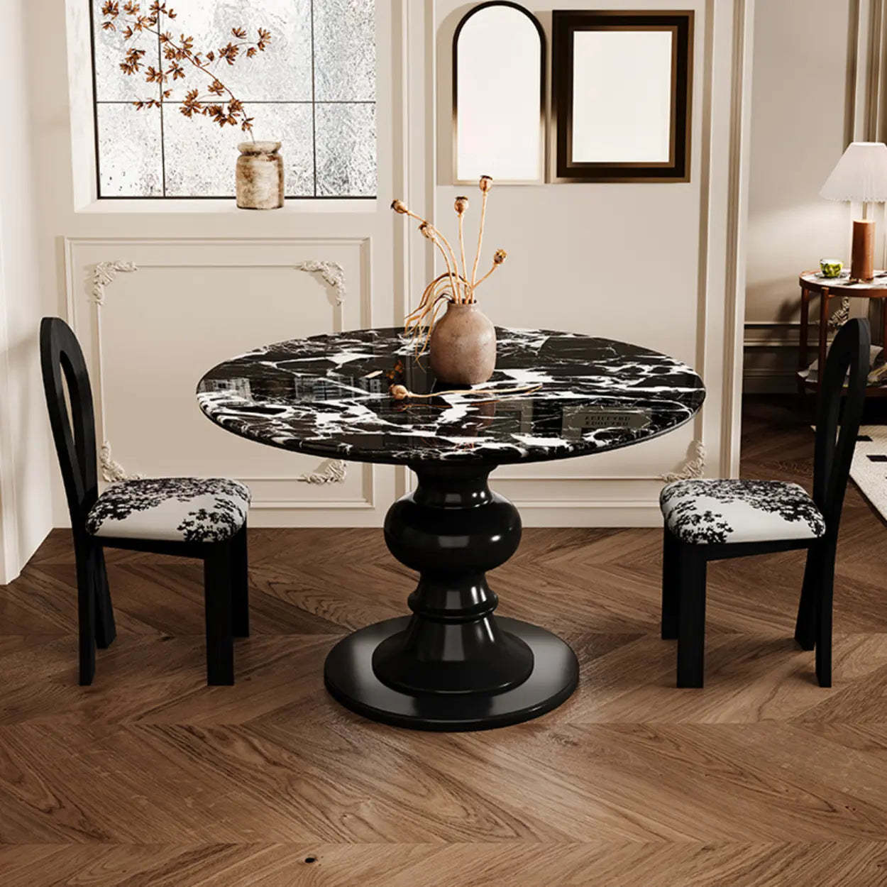 Contemporary Round Black White Stone Dining Table — Table Only