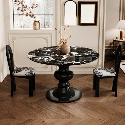 Contemporary Round Black White Stone Dining Table — Table Only