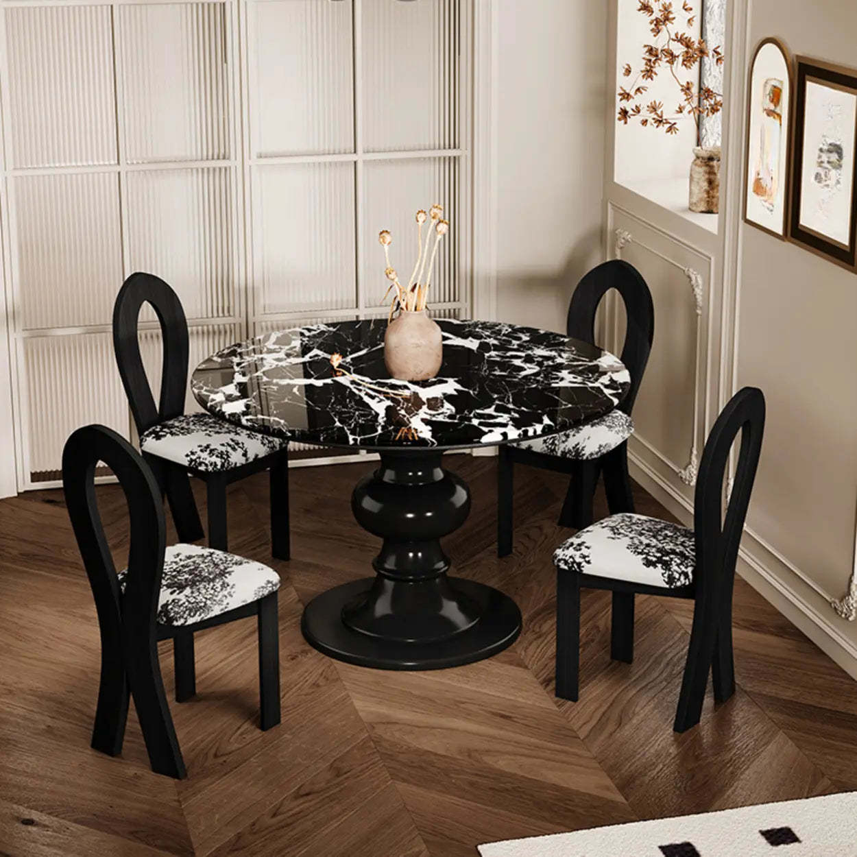 Contemporary Round Black White Stone Dining Table — Table Only