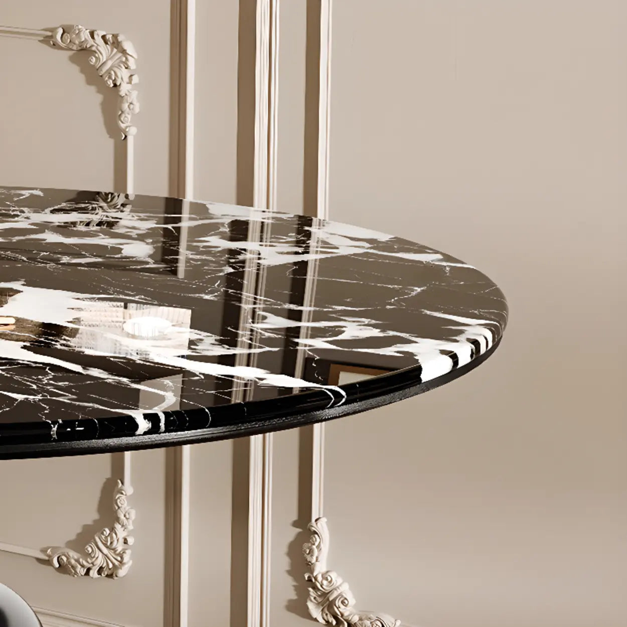 Contemporary Round Black White Stone Dining Table — Table Only