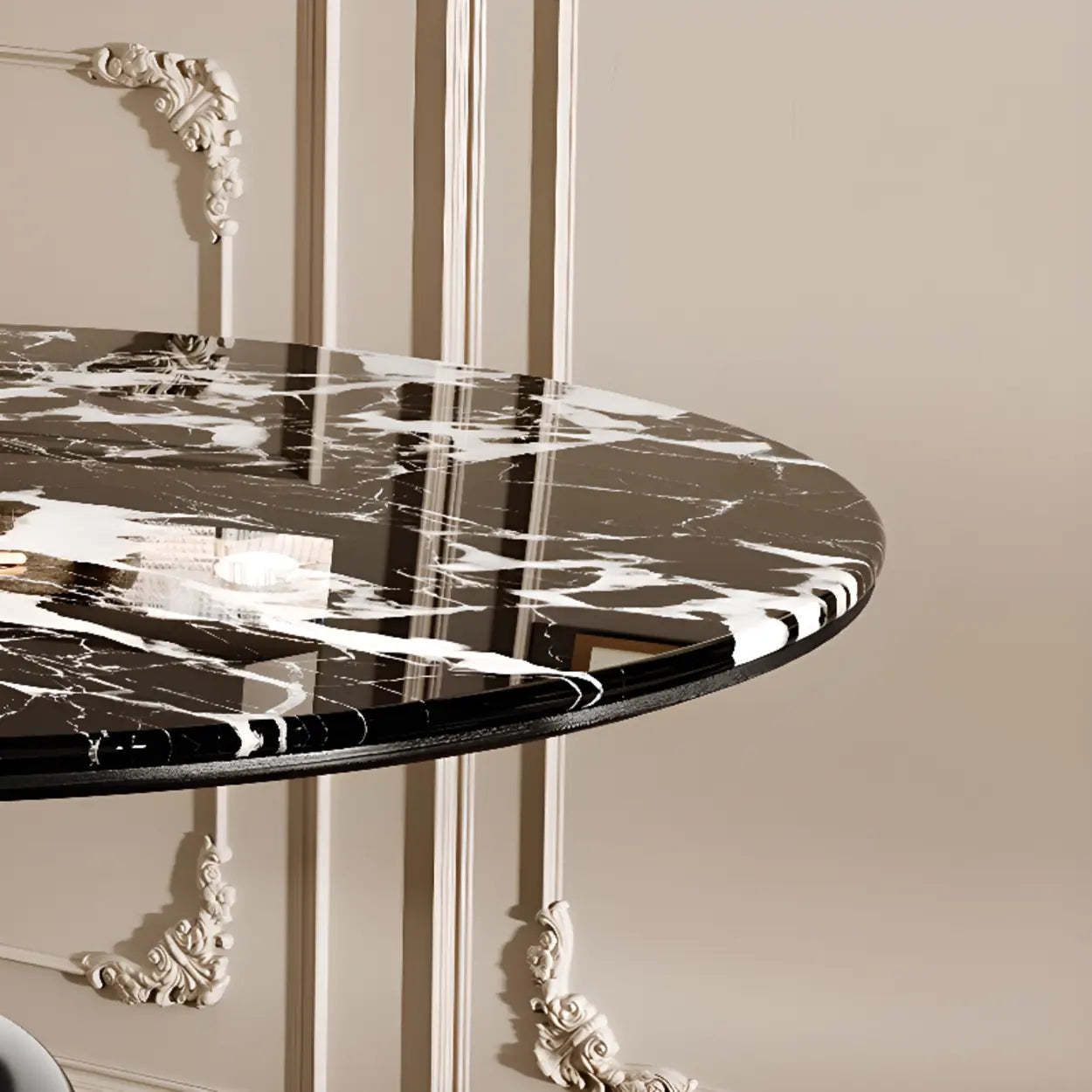 Contemporary Round Black White Stone Dining Table — Table Only