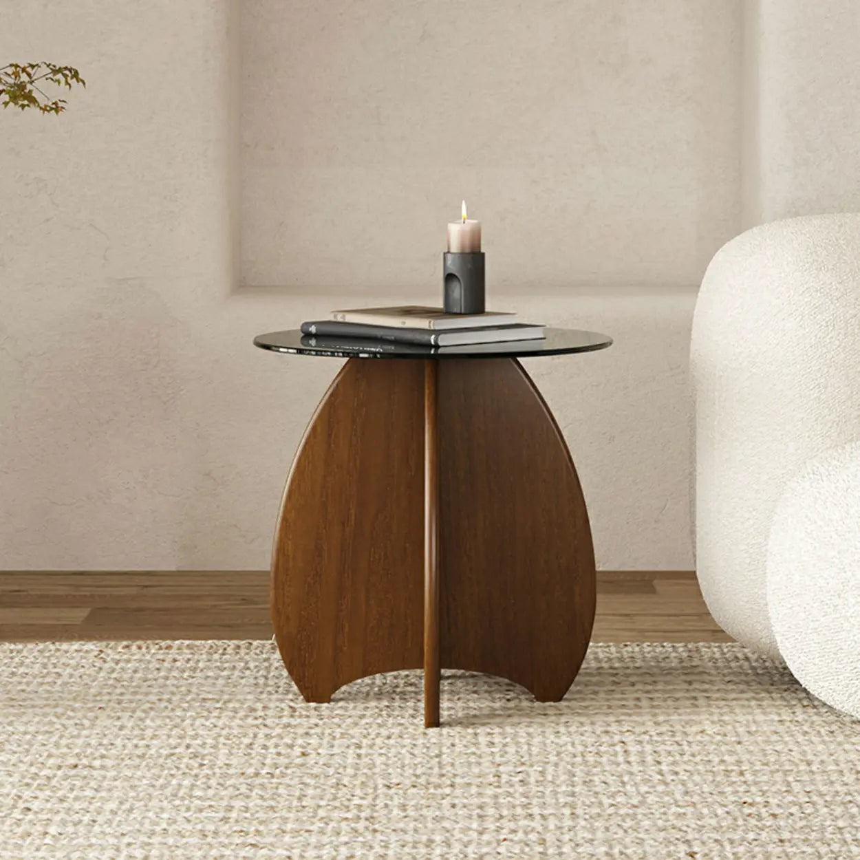 Contemporary Glass Walnut Wood Side Table — Brown / 1