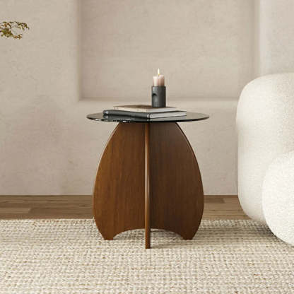 Contemporary Glass Walnut Wood Side Table — Brown / 1