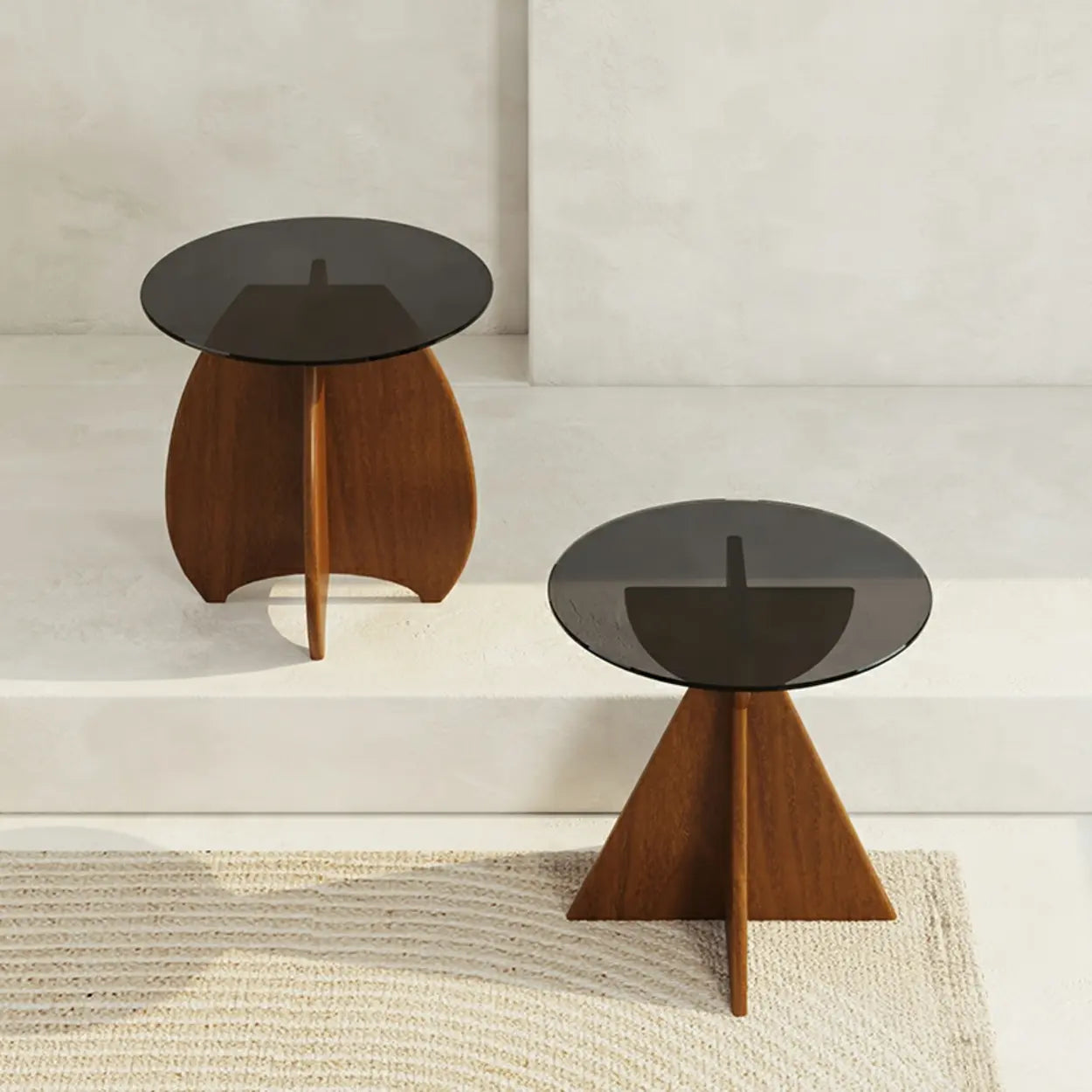 Contemporary Glass Walnut Wood Side Table — Brown / 2
