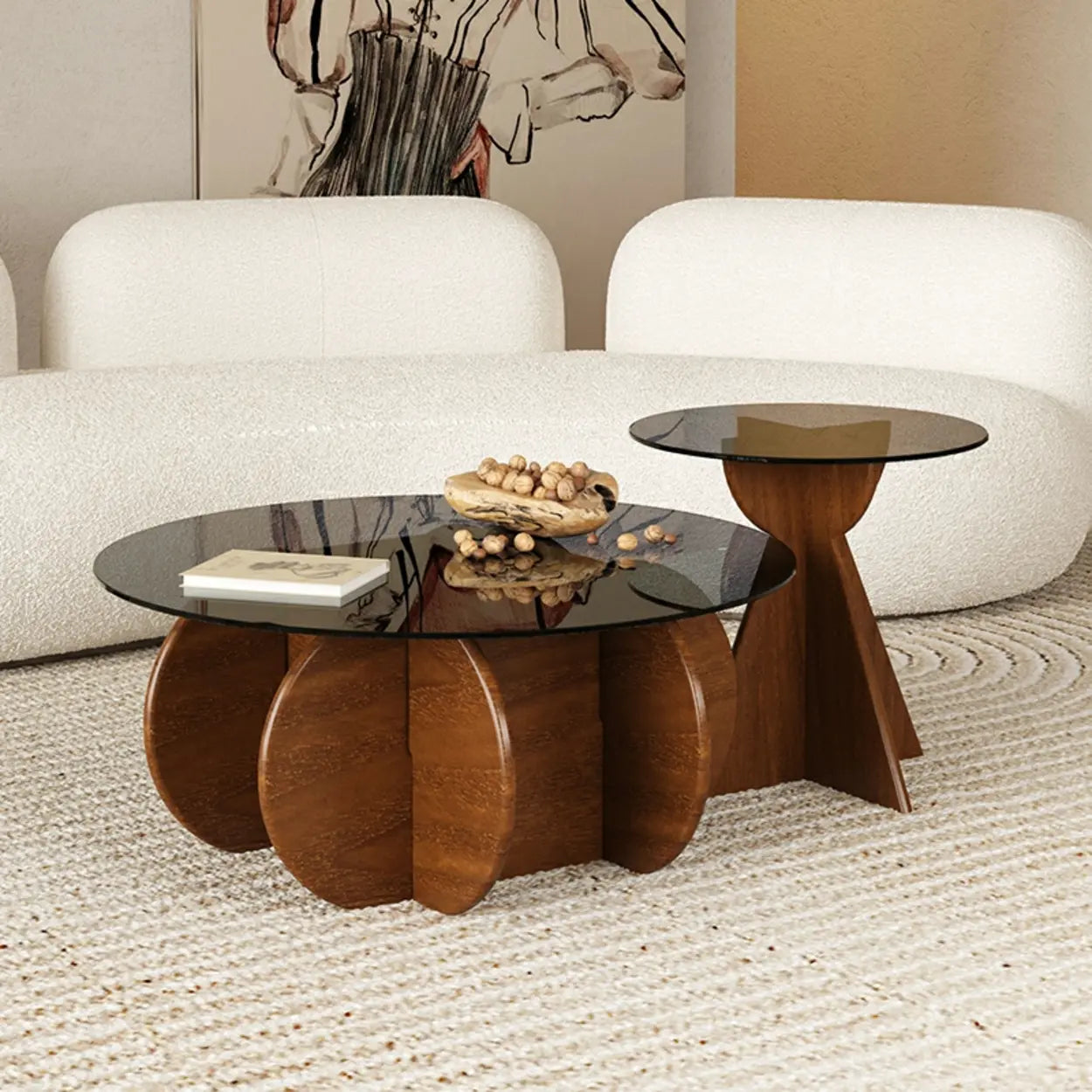Contemporary Glass Walnut Wood Side Table — Tan / 2