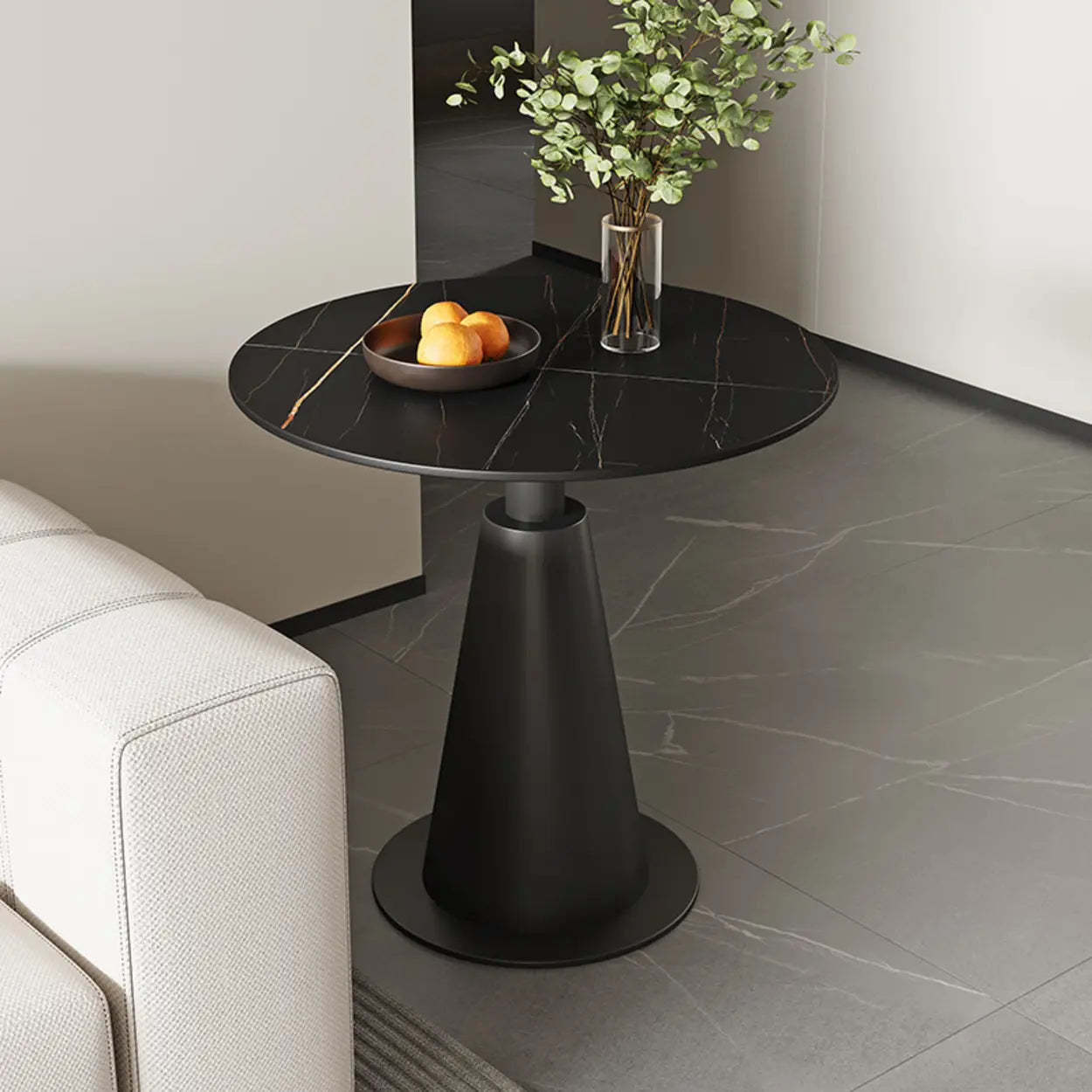 Sintered Stone Circular Pedestal Chairside Table — Black / Gray