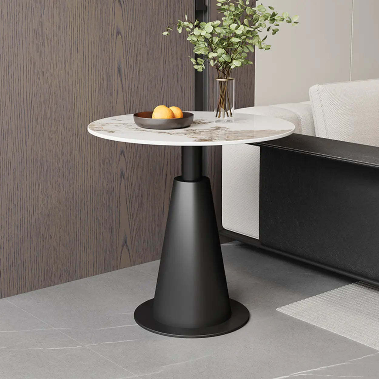 Sintered Stone Circular Pedestal Chairside Table — Black / White