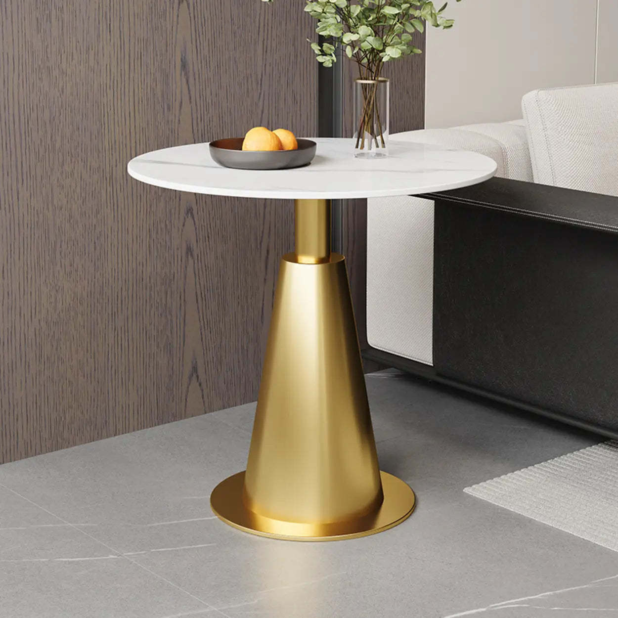 Luxury chairside pedestal gray stone coffee tables — 23.5" H x 19.7" Dia x 19.5" L / White / Gold