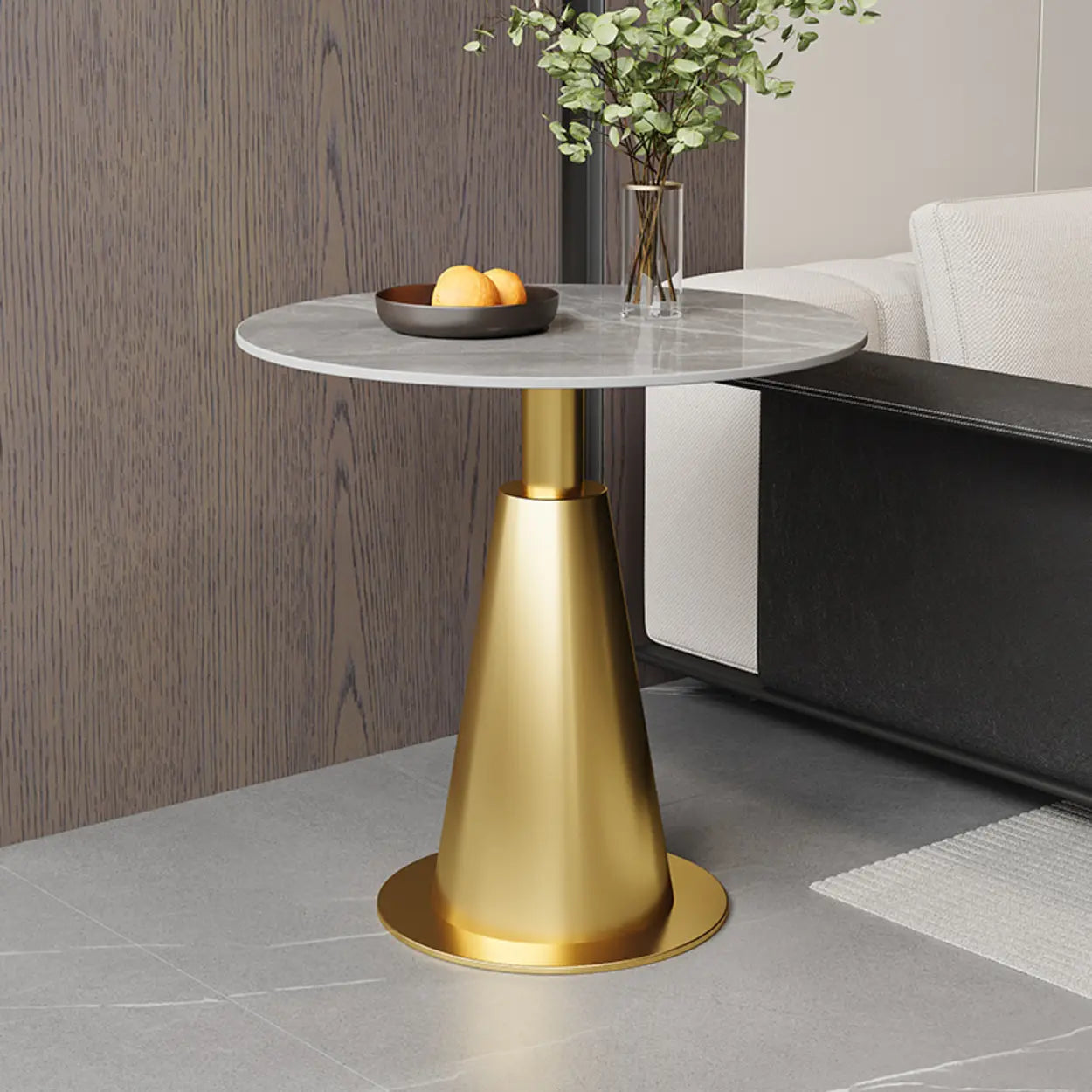 Sintered Stone Circular Pedestal Chairside Table — Black / White