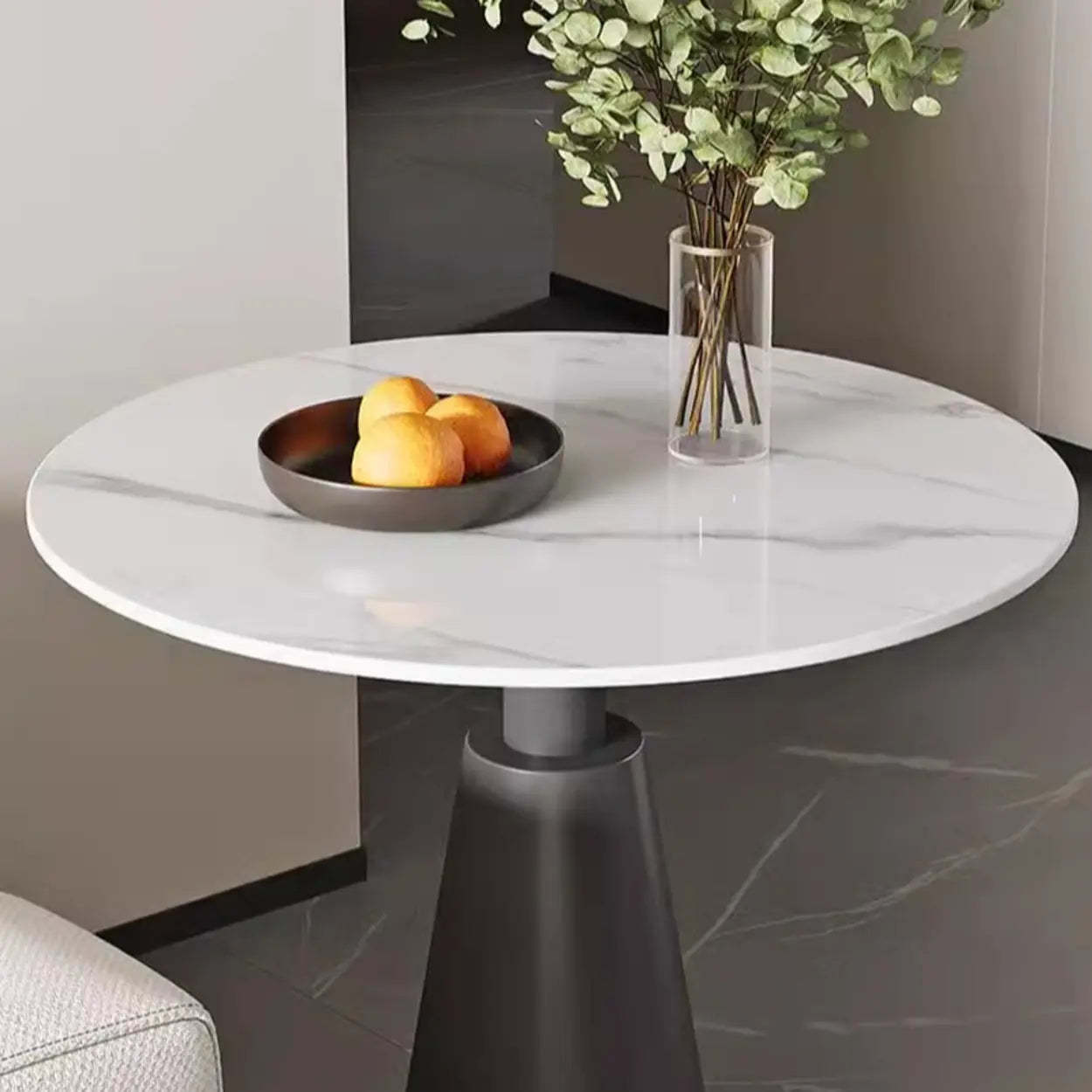 Sintered Stone Circular Pedestal Chairside Table — Black / Pandora