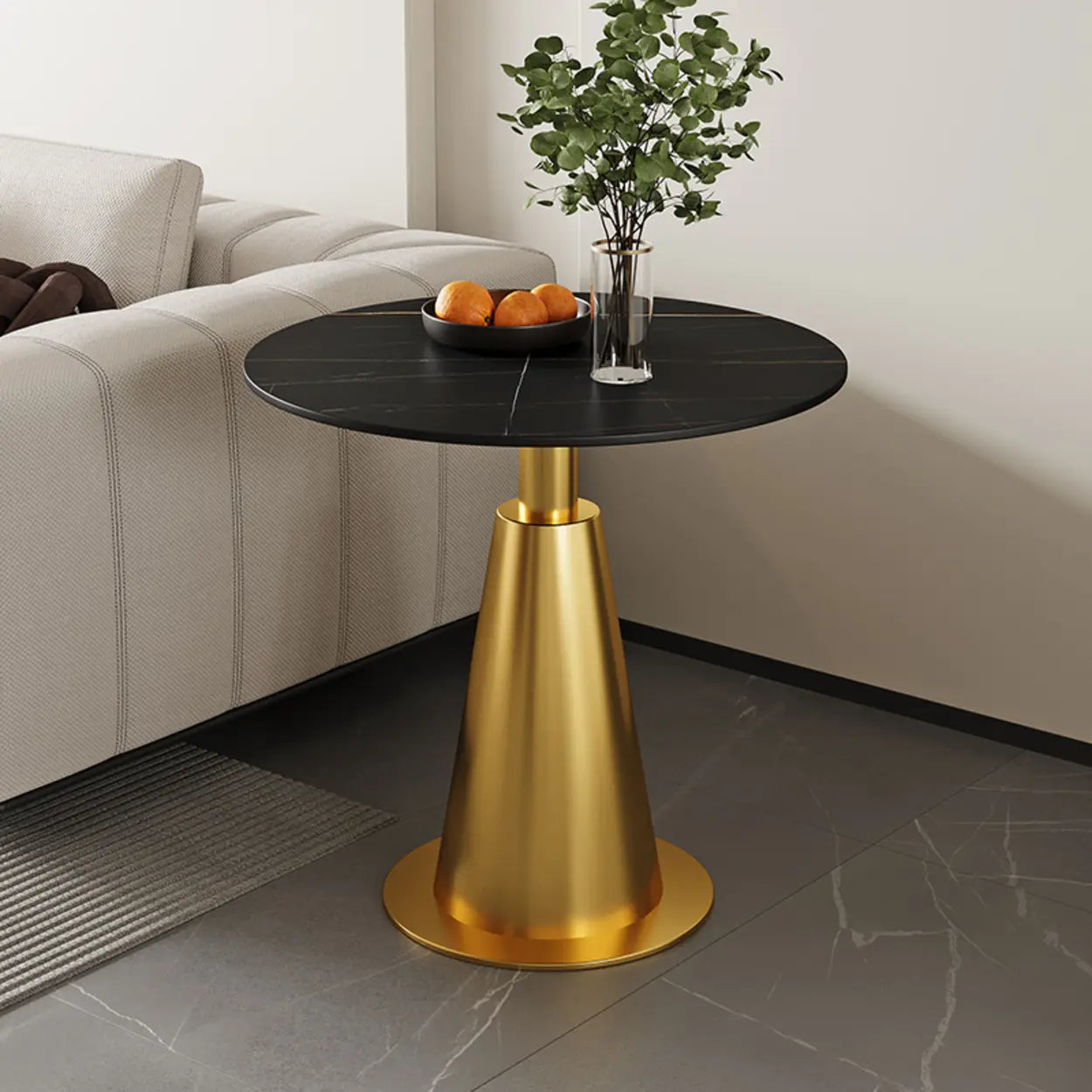 Sintered Stone Circular Pedestal Chairside Table — Gold / Black