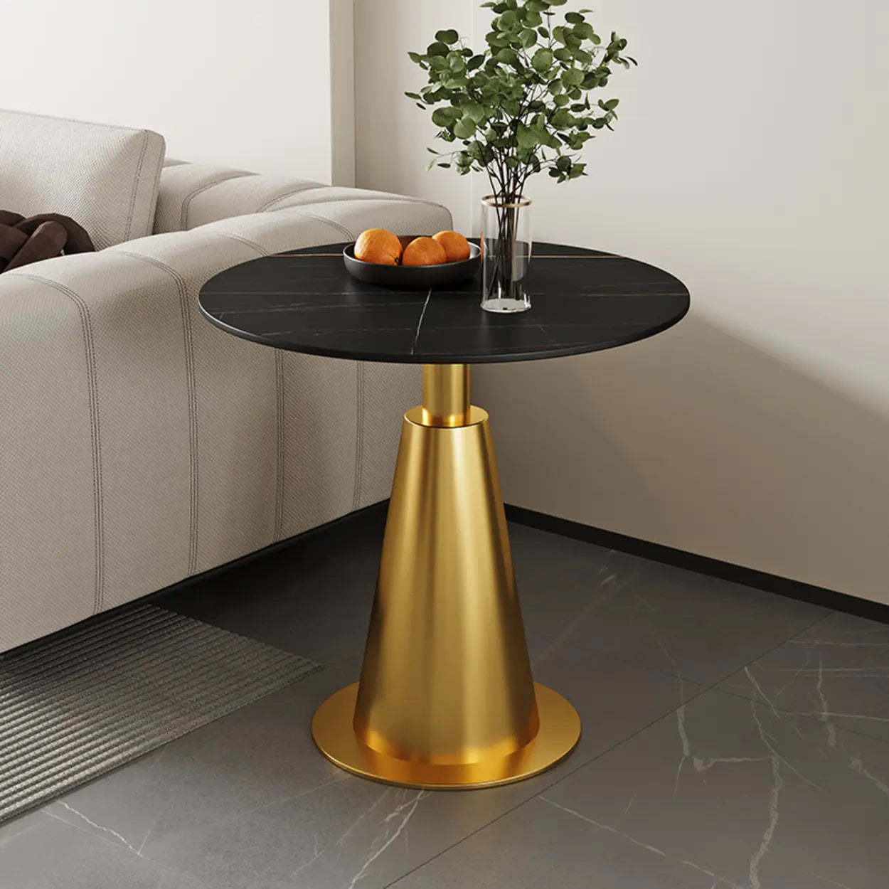 Sintered Stone Circular Pedestal Chairside Table — Gold / Black