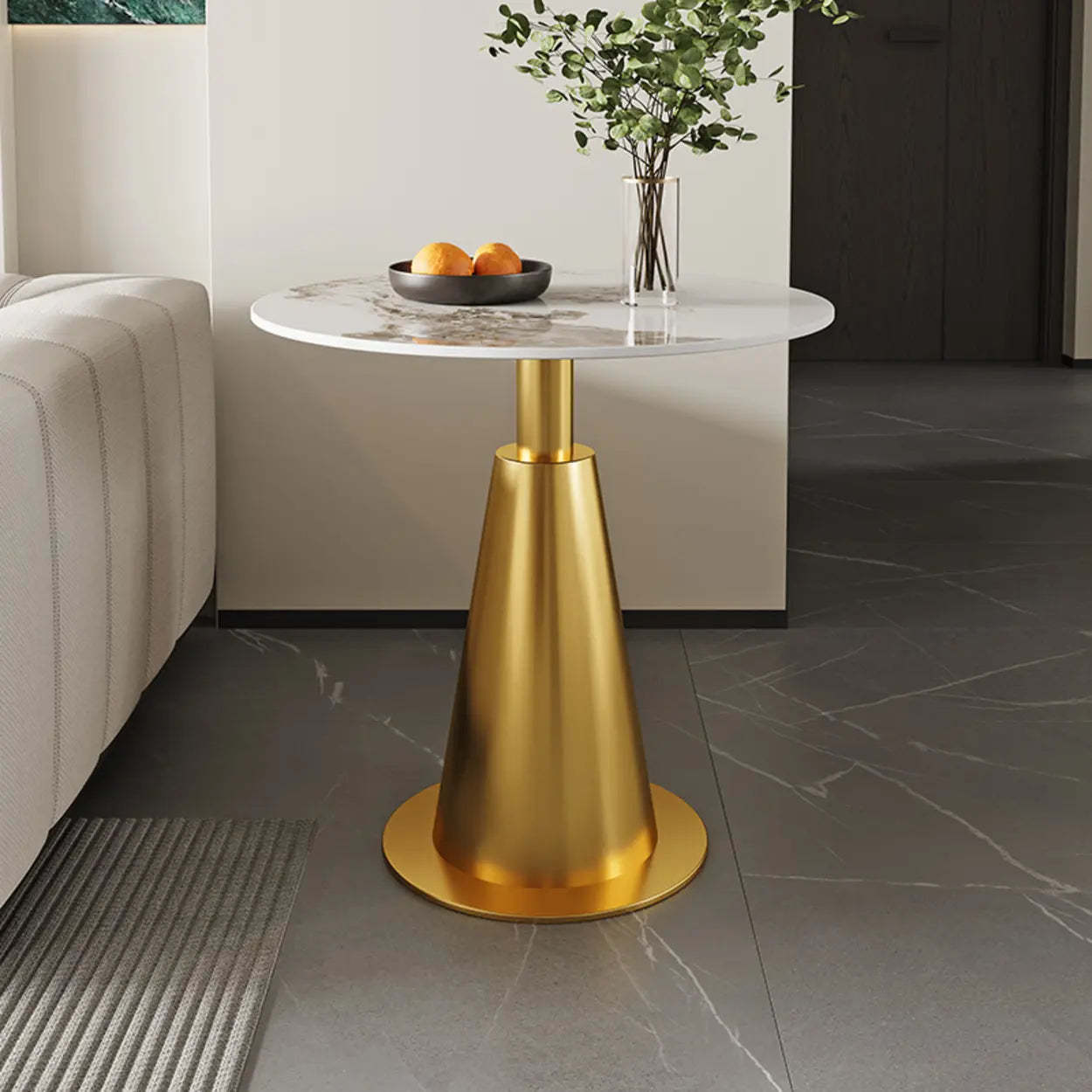 Sintered Stone Circular Pedestal Chairside Table — Gold / White