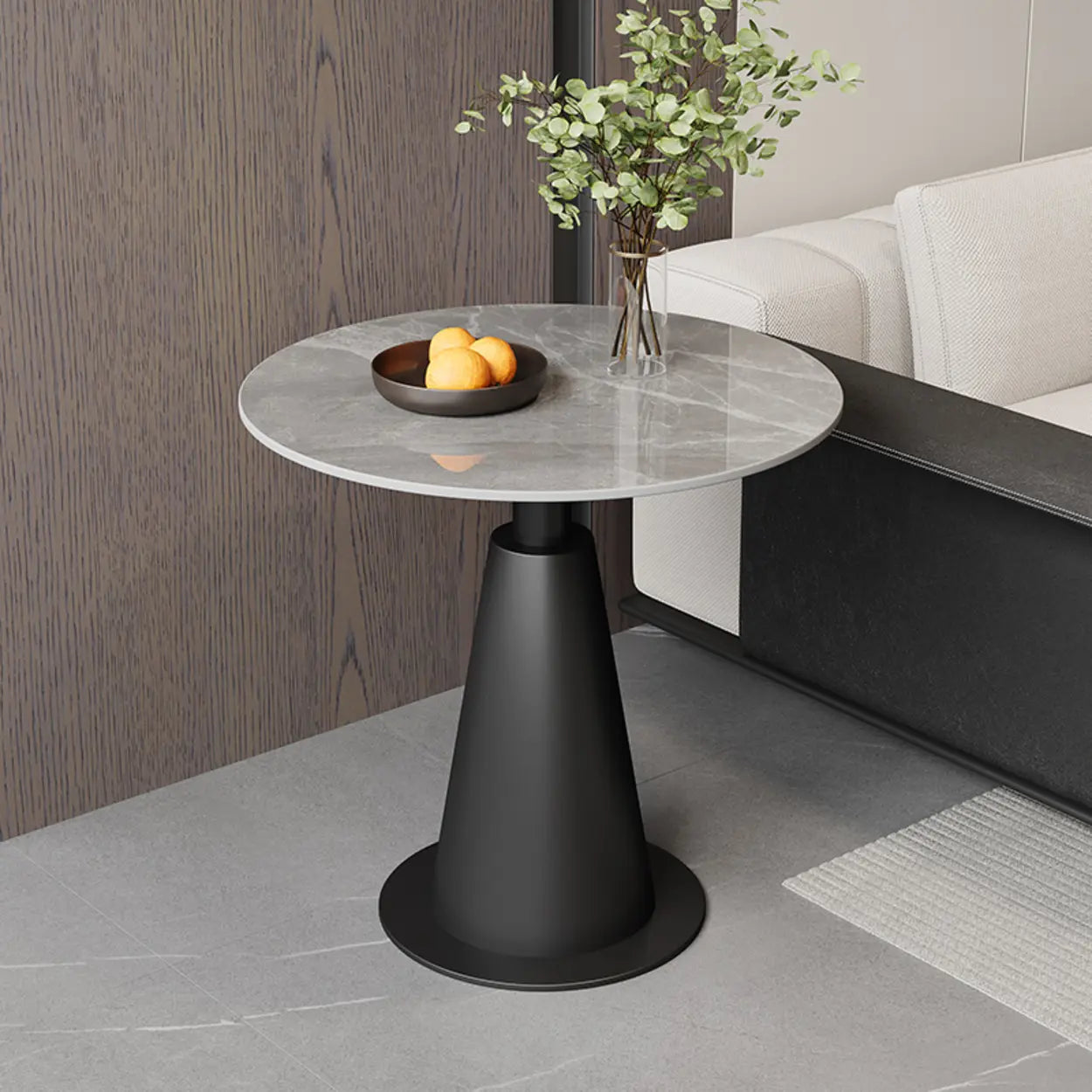 Sintered Stone Circular Pedestal Chairside Table — Black / Black
