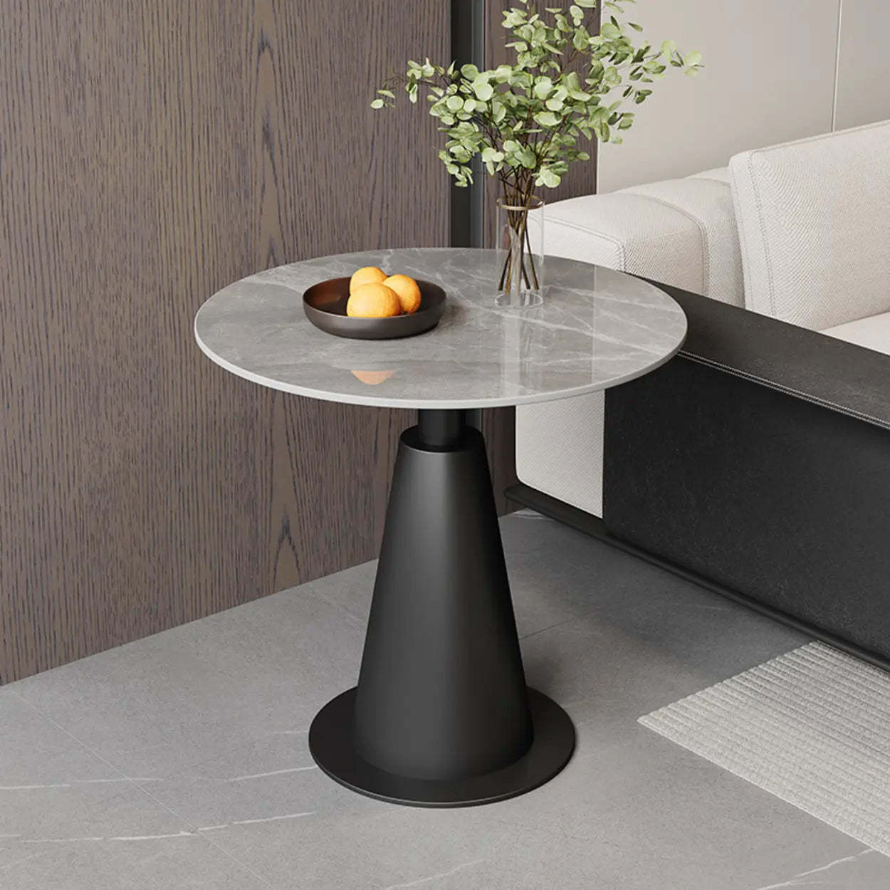 Sintered Stone Circular Pedestal Chairside Table — Black / Black