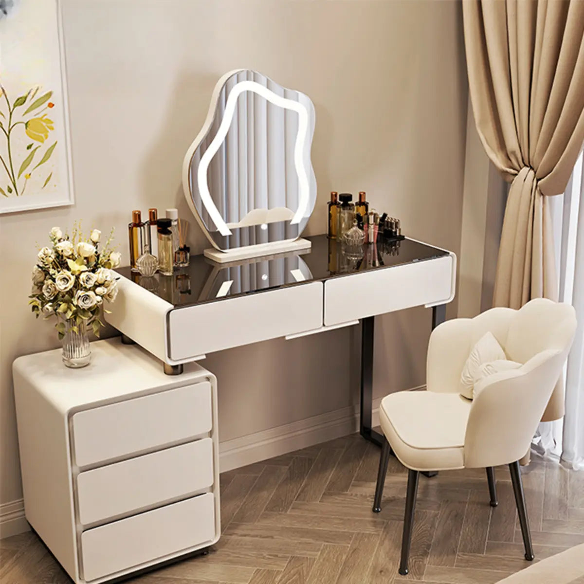 Contemporary Sliding Curved Mirror Off-White Vanity