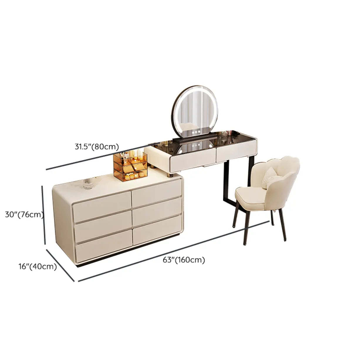 Contemporary Sliding Curved Mirror Off-White Vanity