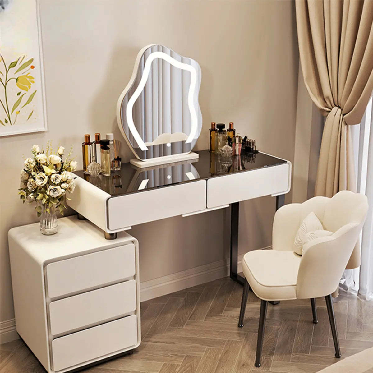 Contemporary Sliding Curved Mirror Off-White Vanity — Glass