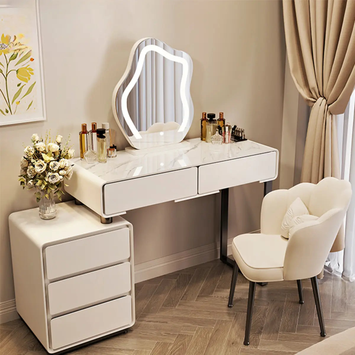 Contemporary Sliding Curved Mirror Off-White Vanity — Glass