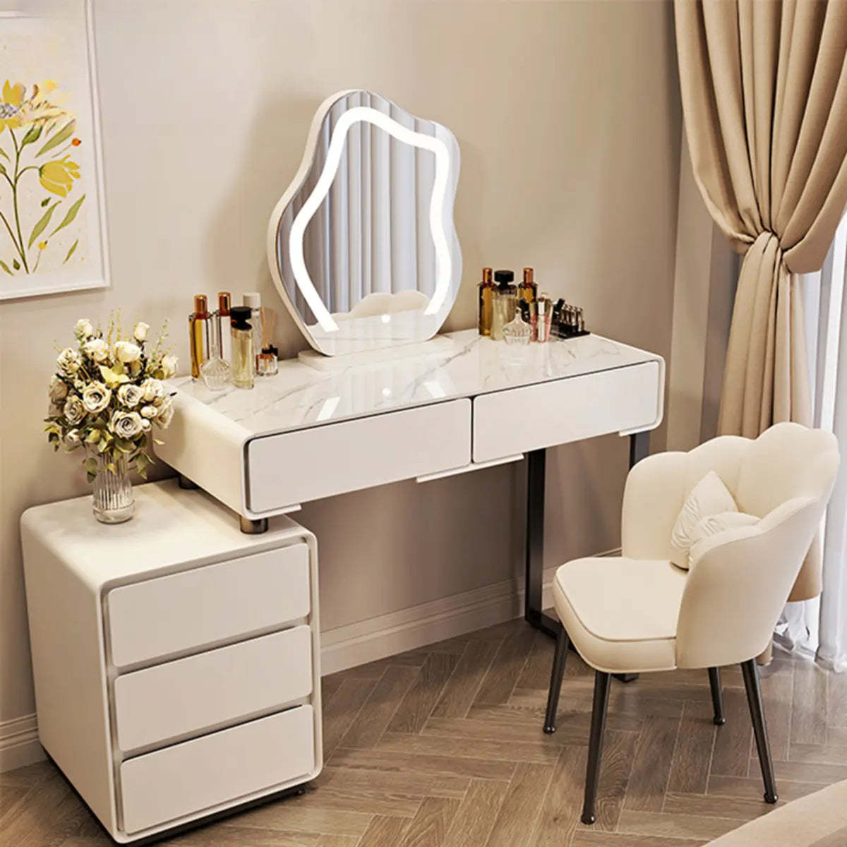 Contemporary Sliding Curved Mirror Off-White Vanity — Glass