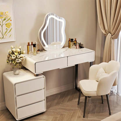 Contemporary Sliding Curved Mirror Off-White Vanity — Glass