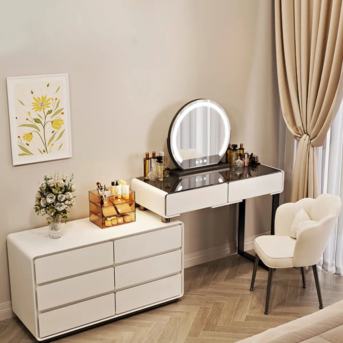 Contemporary Sliding Curved Mirror Off-White Vanity — Glass
